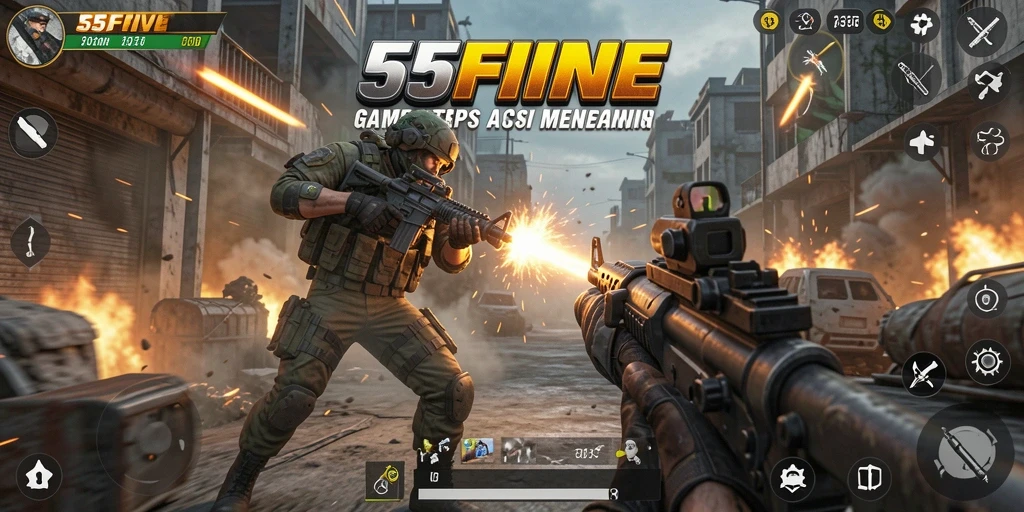 Screenshot gameplay 55FIVE menampilkan aksi tembak-menembak yang intens.