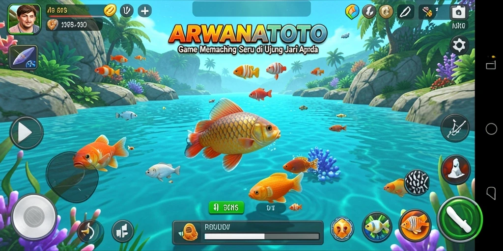 Gameplay ARWANATOTO yang mendebarkan saat memancing ikan di berbagai lokasi.