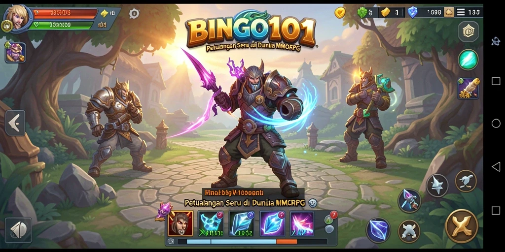 Screenshot gameplay BINGO101 menampilkan aksi pertempuran dan eksplorasi dunia.
