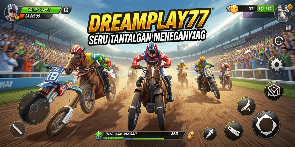 Screenshot utama DREAMPLAY77 menampilkan balapan seru dengan kendaraan yang melaju kencang di lintasan menantang.
