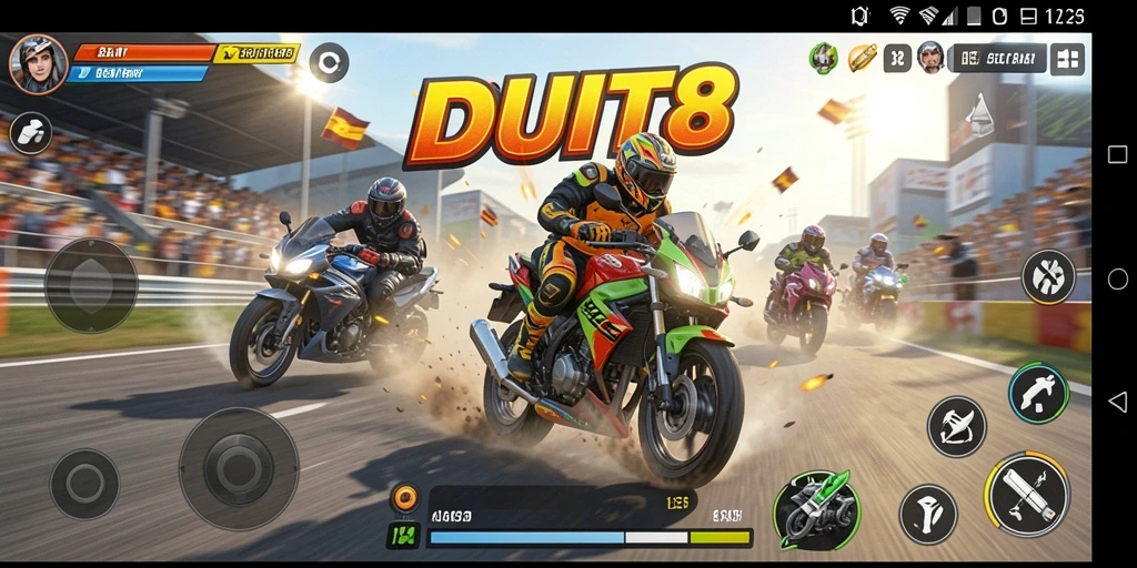 Screenshot gameplay menampilkan balapan motor yang seru dan mendebarkan.