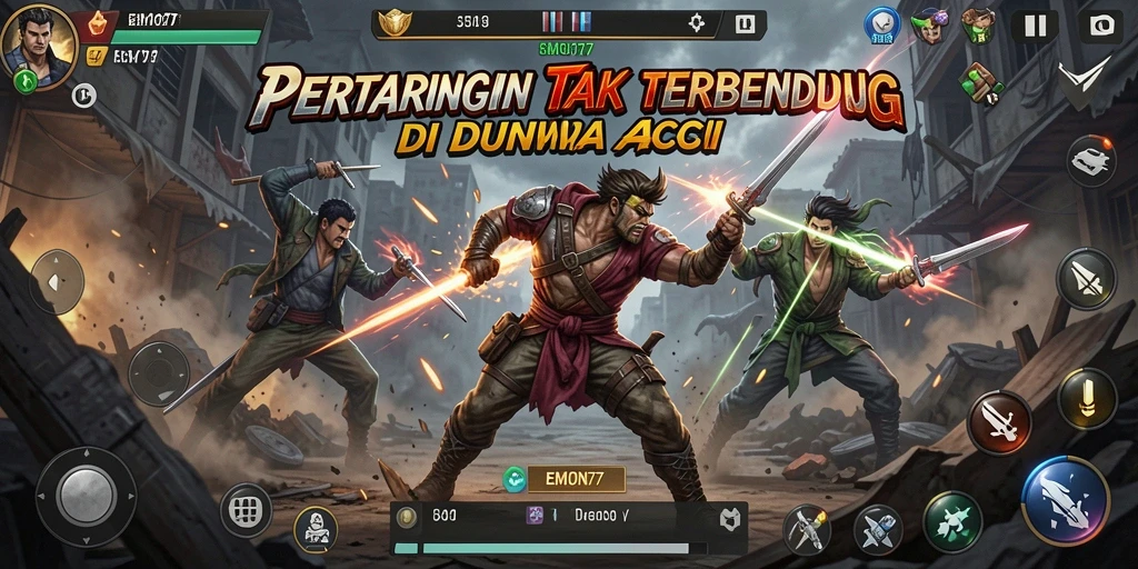 Tangkapan layar gameplay EMON77 yang menampilkan aksi pertarungan seru.