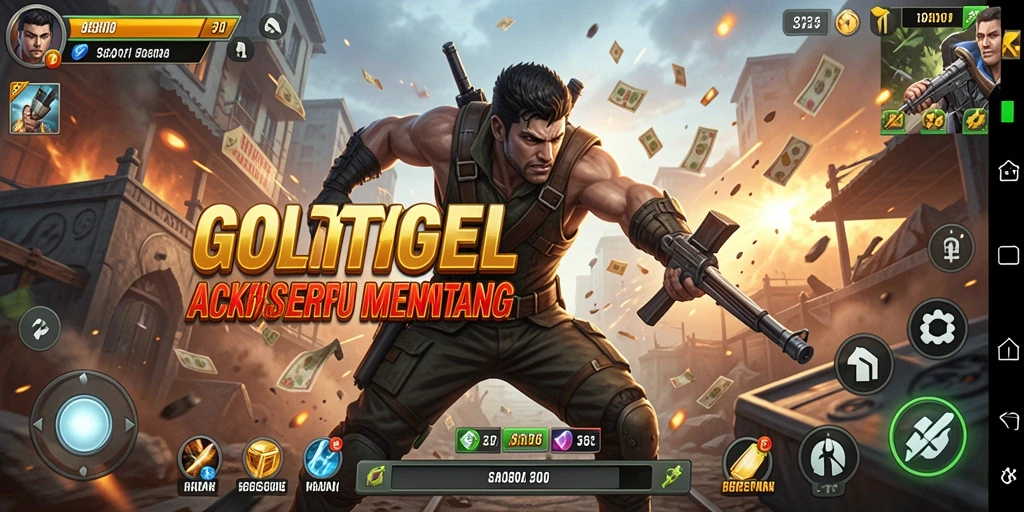 Screen utama GOLTOGEL menampilkan aksi intens yang mendebarkan.