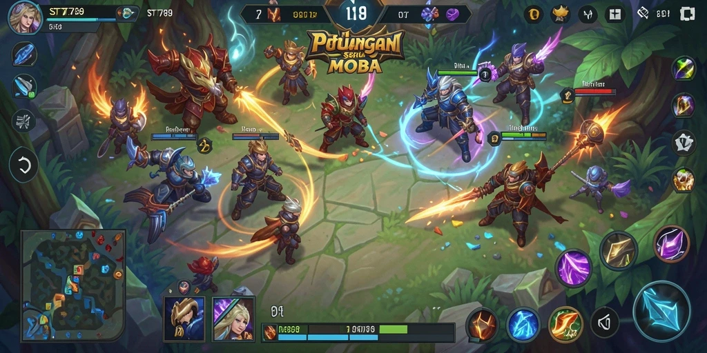 Screenshot ST789 menunjukkan pertempuran epik di arena MOBA.