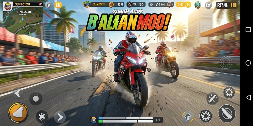Tampilan gameplay SUNEO138 yang mendebarkan saat balapan motor.